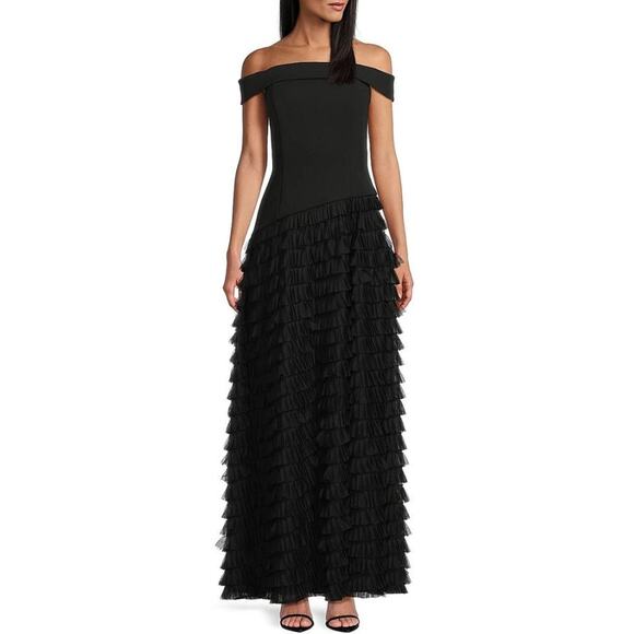 Aidan Mattox Women’s Black Off-The-Shoulder Tiered Gown Size 6 - Picture 1 of 11